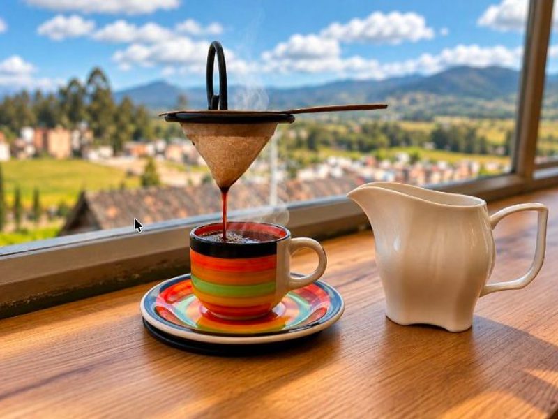 Café colado en filtro de tela con vista a las montañas