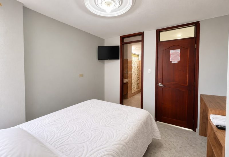 Habitación con cama doble, puerta de madera y televisor