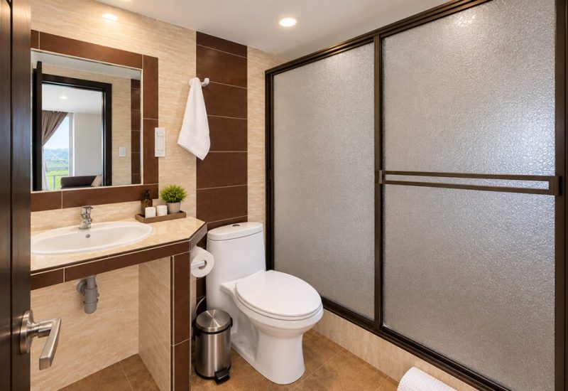 Baño de la suite con ducha de vidrio y lavamanos