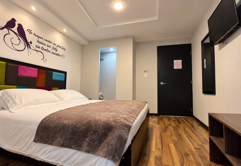 Habitación con cama doble, cabecero de colores y mural de pájaros