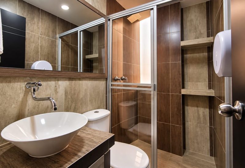 Baño con ducha de vidrio y lavamanos de sobreponer