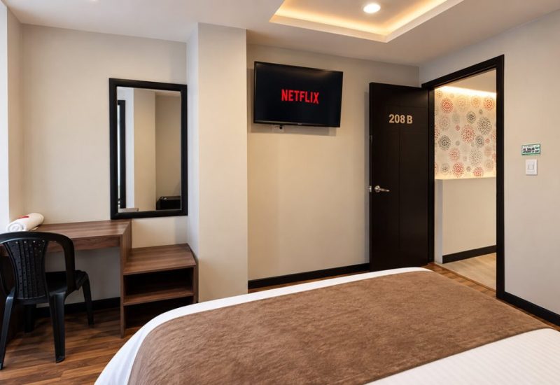 Habitación con escritorio, espejo y televisor