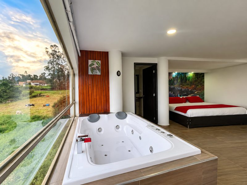 Jacuzzi junto al ventanal con la cama al fondo
